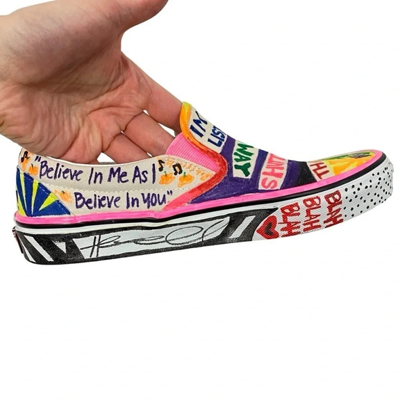 VANS Sneakers Custom Hand Drawn Graffiti Slide On Shoes Women 7.5 Men 6 Upcycled - Picture 10 of 16